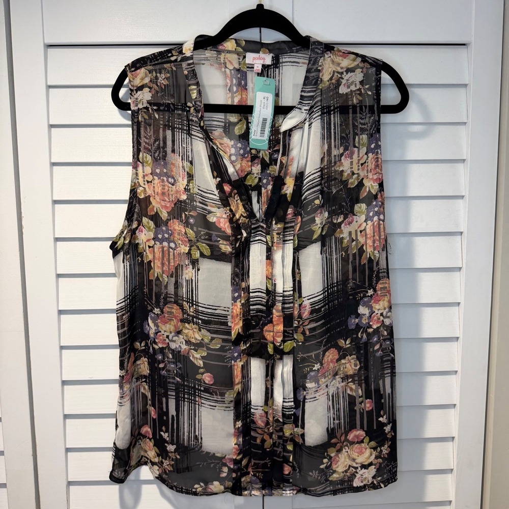 Workwear Pleated Sleeveless Blouse Black‎ Floral Plaid Pixley Breyson XL New